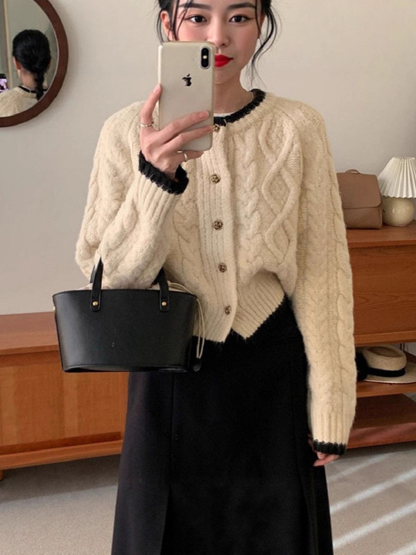 麻花圆领毛衣外套女新款秋冬季百搭宽松慵懒风短款小个子针织开衫|undefined