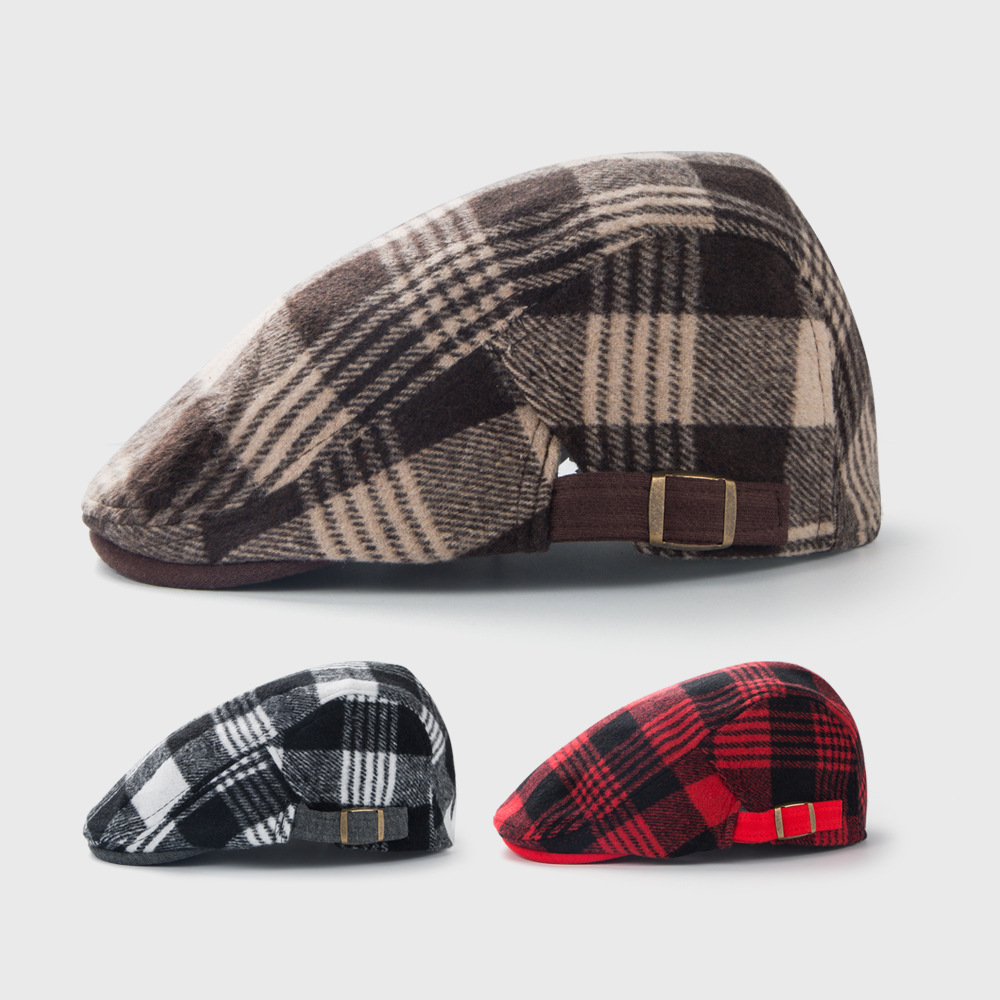 Retro American Peaked Cap Autumn And Winter Woolen Plaid Beret British Fashion Casual Newsboy Hat display picture 1