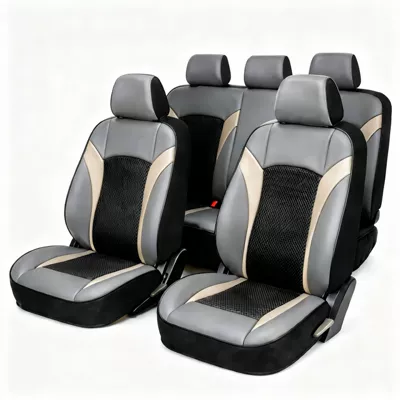 Universal seat cover – cushion cover, full coverage, PU - mesh-b-gray-beige-full-set-of-nine-pieces-for-a-five-seater-vehicle