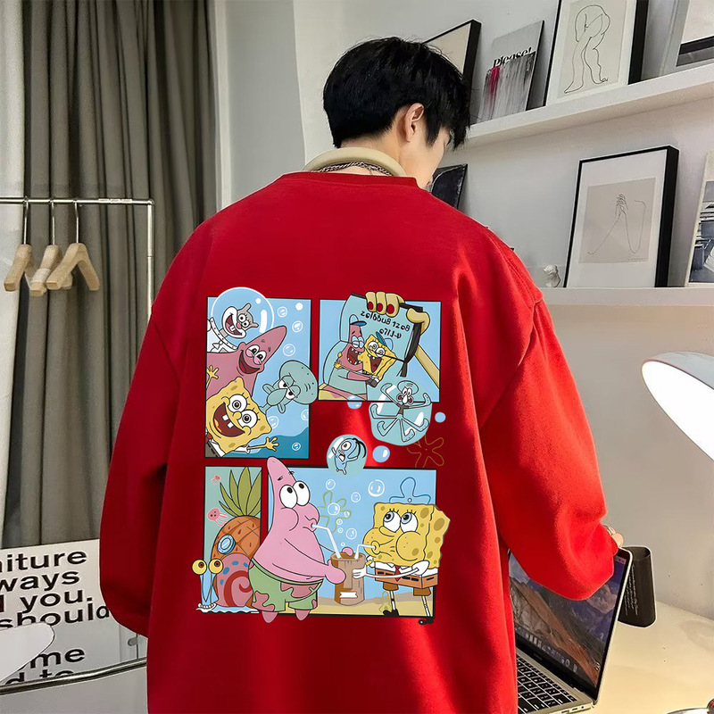 Foreign Trade Spongebob Silhouette Round Neck Sweatshirt Men's Autumn and Winter New Tops for Teenagers and Students Fleece-Lined Sweatshirts