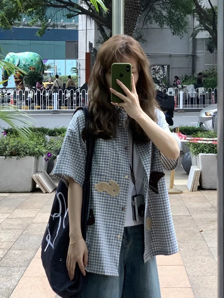 Новое летнее полотенце с вышитыми лацканами, свободная повседневная рубашка в клетку в японском стиле ретро с короткими рукавами, женская универсальная рубашка, топ