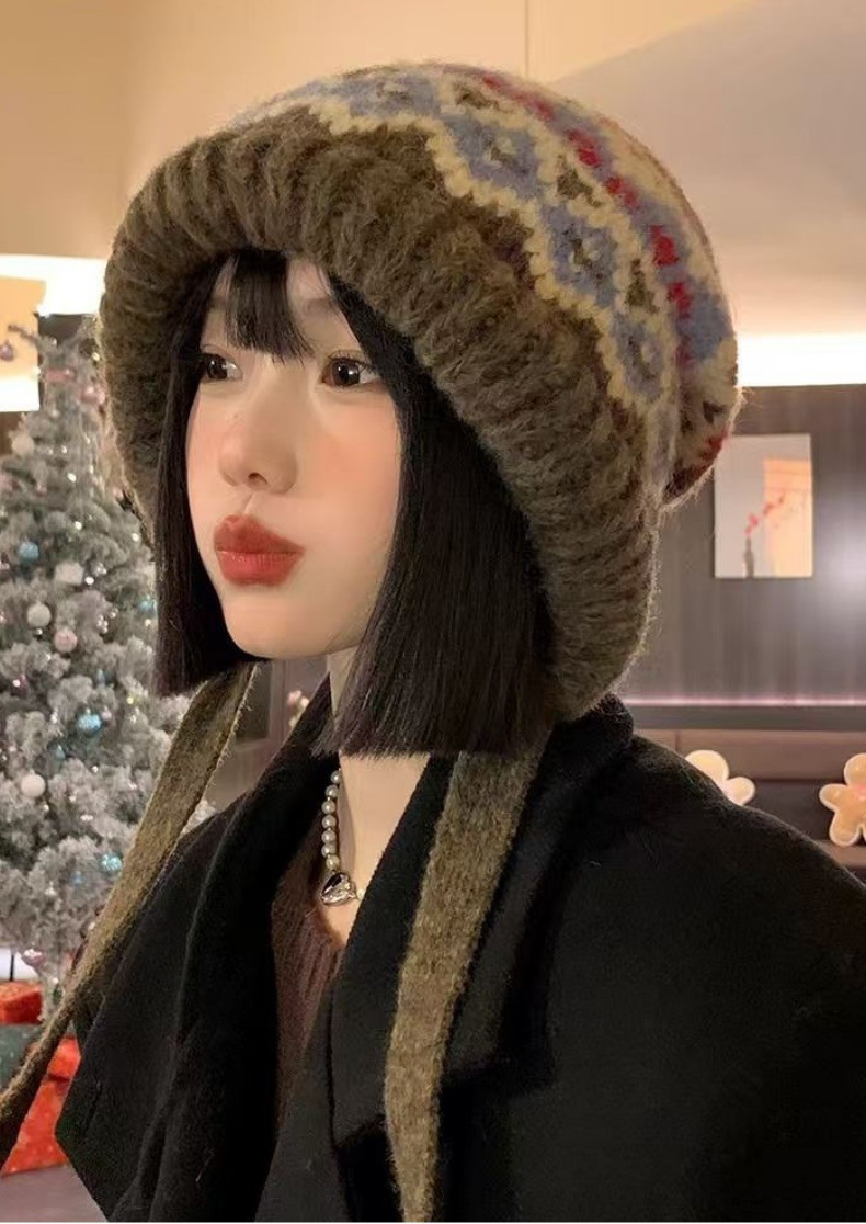Nouveau chapeau de sac à double usage, protège-oreilles tricoté de style rétro pour pêcheur chaud, chapeau de style ethnique avec sangles, chapeau en laine_voghion.com