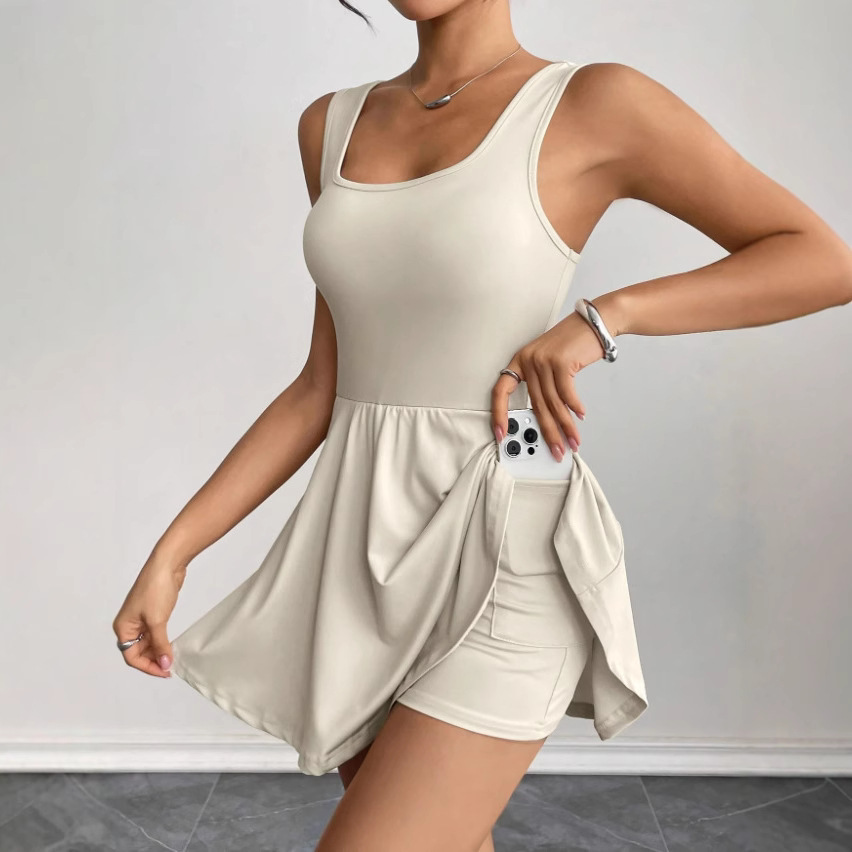 European and American 2025 Cross-Border Amazon Skirt-Style One-Piece Backless Solid Color Tank Top Anti-Exposure Sports Fitness Casual Style