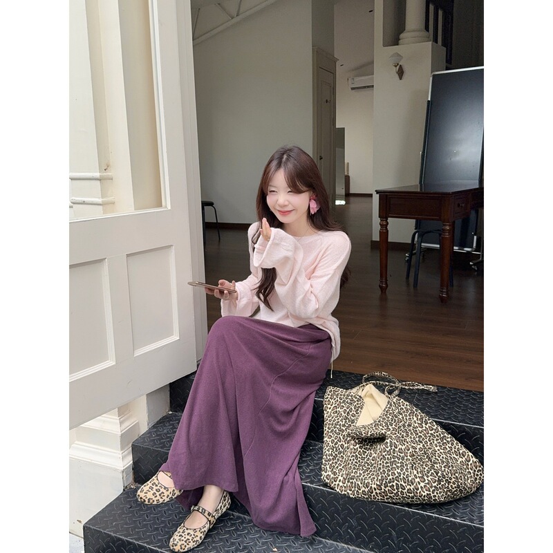 Real Shot of Korean Chic Fluffy Loose Lazy Style Knitted Sweater Purple Skirt Two-Piece Suit 88551