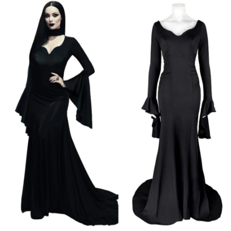Halloween Morticia Adams Spirit Long Black Adams Family dress Vintage Gothic Maxi Dress