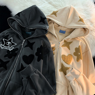 Cross-border European and American Vintage Letter Embroidery fleece-lined Thickened Loose Hooded Cardigan Jacket for Couples