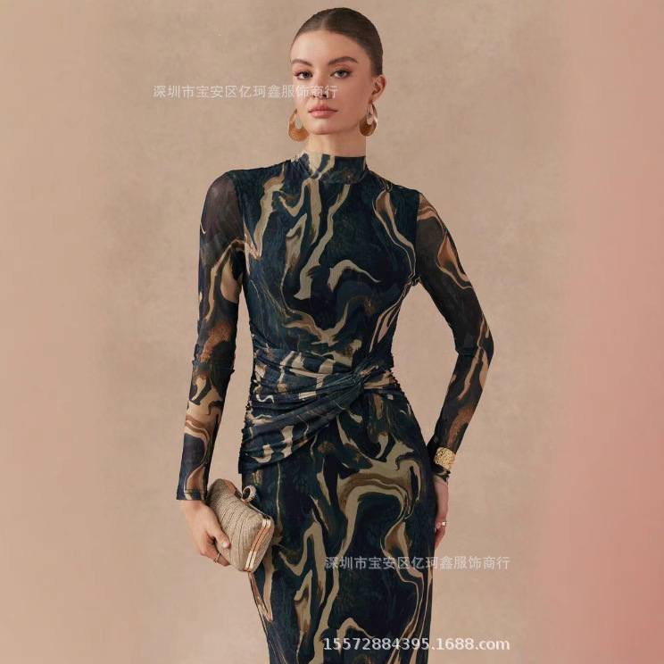 Aliexpress Wish Amazon Popular Long-Sleeved Round Neck Mesh Printed Arm-Covering Dress