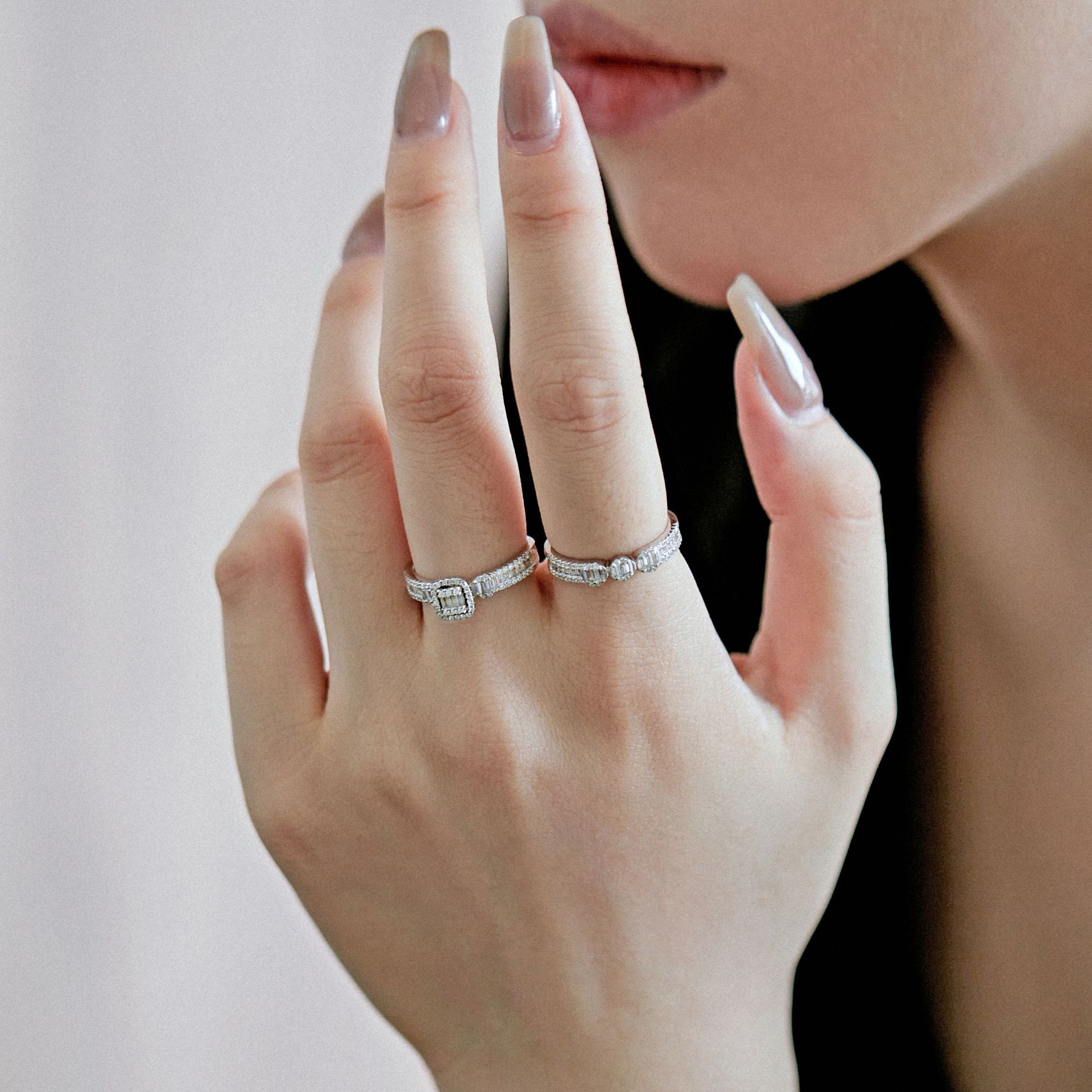 Fashion Geometric Sterling Silver Inlaid Zircon Rings 2 Piece Set