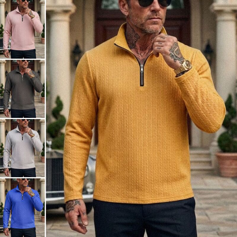 New European and American Men's Sweatshirt for Spring and Autumn, 1/4 Zip Top, Lightweight and Breathable, Export Ready Stock, Jacquard Striped Jacket