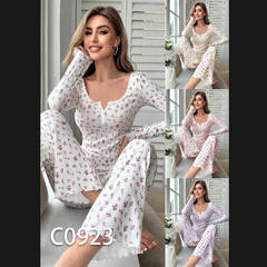 跨境亞馬遜歐美長袖v領睡衣小碎花印花生菜卷邊長褲家居服套裝女