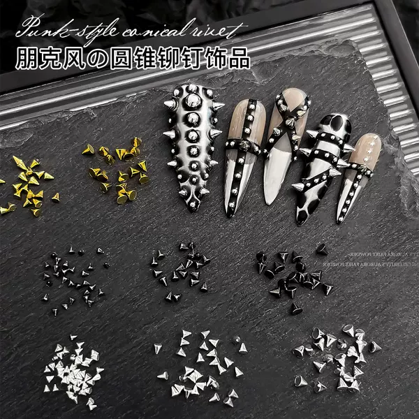Rivet Nail Art Accessories Gold and Silver Punk Style Retro Flat-Bottomed Pointed Cone Nail Rhinestones Decoration Wholesale Sample Pack