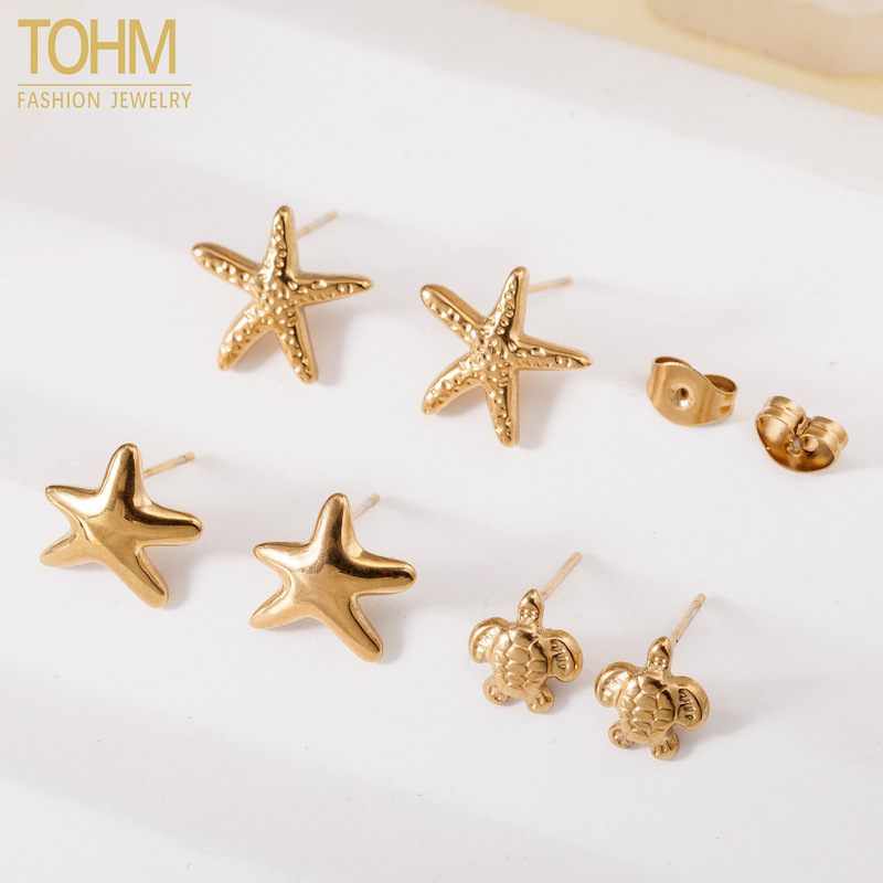 TOHM European and American real gold plating non-allergic fashion holiday style marine animal earrings titanium steel starfish turtle earrings