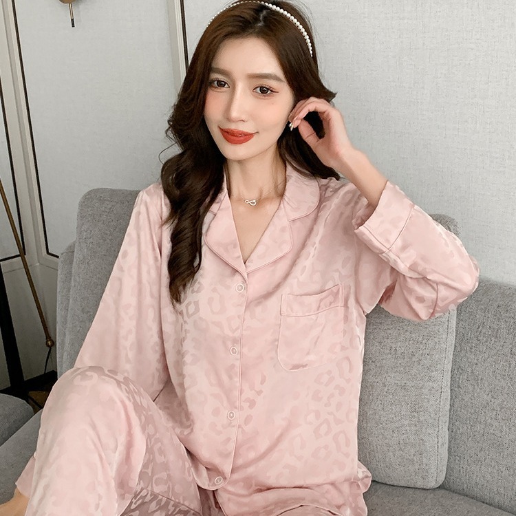 Pijamas Mujer Primavera y Otoño Nueva Delgada de gran tamaño elegante estilo Coreano estampado leopardo negro manga larga pantalones desgaste del hogar traje fábrica al por mayor