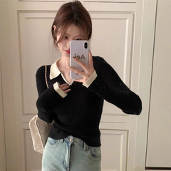 别致针织衫长袖polo领毛衣内搭女2025秋冬新款撞色显瘦打底衫上衣