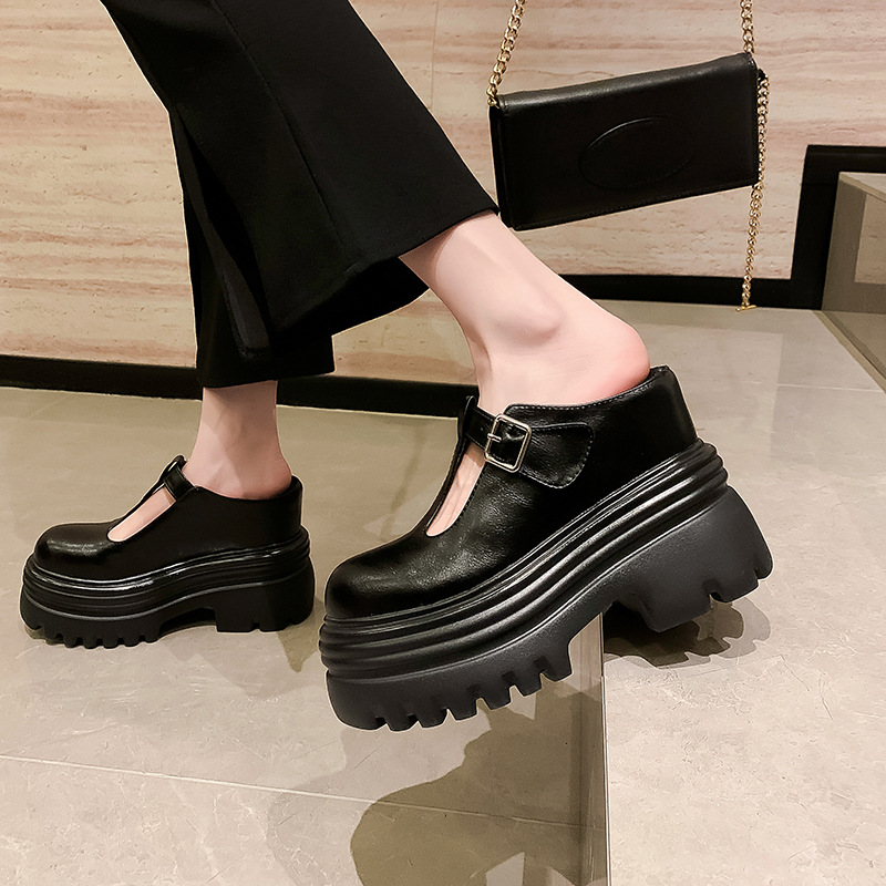 Dép mule nữ bít mũi đế xuồng cao 15cm khóa trang trí mùa hè — Màu trắng be 15cm, Màu trắng be 10cm, Màu trắng gạo 12cm, Màu đen 12cm
