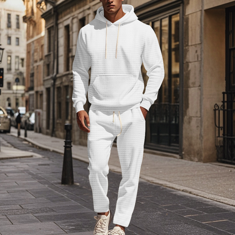 Men's Clothing heavy jacquard small square long sleeved trousers hooded suit _voghion.com
