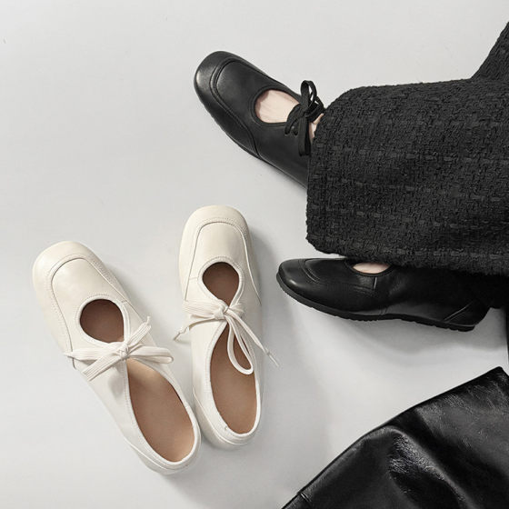 Sheepskin Low Mouth Low Heel Lace-up Casual Style Flat Single-layer Shoes 2025 Early Spring Comfortable Ballet Style Bow Women's Shoes