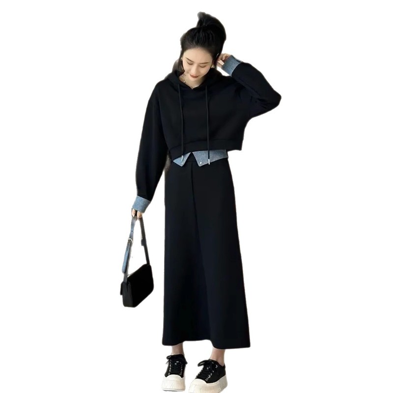 大きいサイズの女性の秋のスウェットシャツスーツ、ファッショナブルで年齢を減らすファットmm 100kg スリムスカート、女性用のファッショナブルな2点セット|undefined