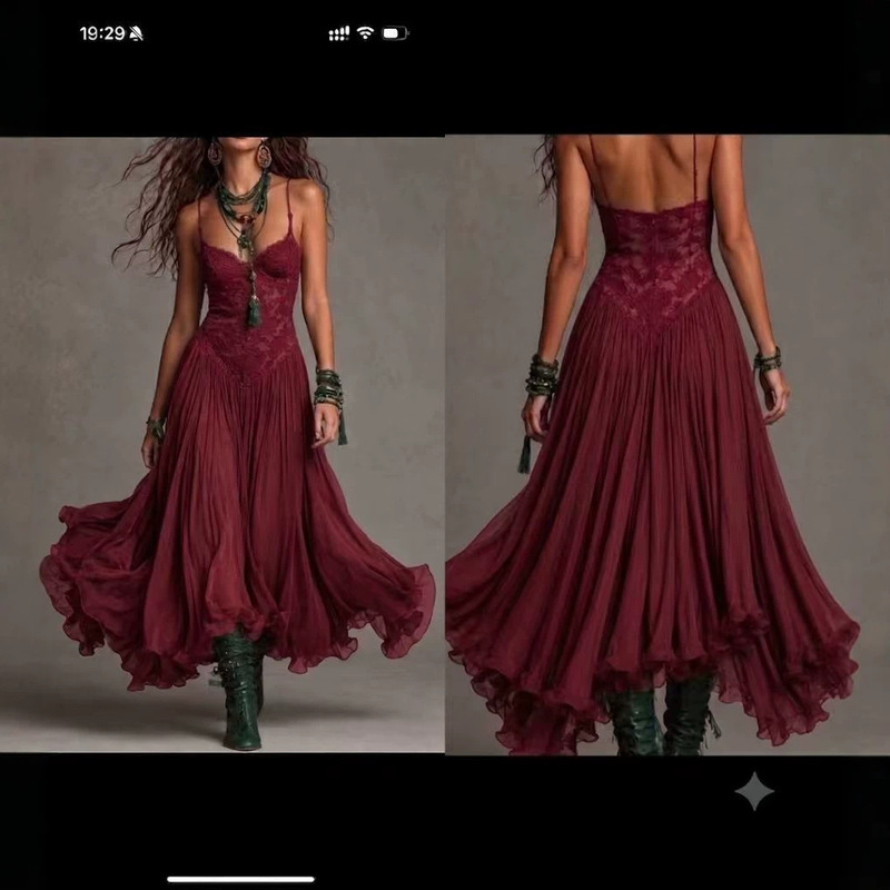 2026 European and American Style Chiffon Printed Suspender Slim-Fit Long Dress Retro Flowing Dress Cross-Border New Model 2026 European and American Style Chiffon Printed Suspender Slim-Fit Long Dress Retro Flowing Dress Cross-Border New Model