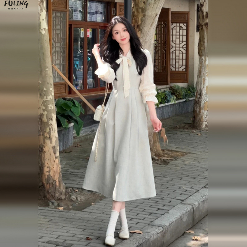 Elegant Ladylike Style White Faux Two-Piece Long-Sleeved Dress, Very Pretty Early Autumn Dress for Women, Miu-Style Waist-Cinching Long Dress