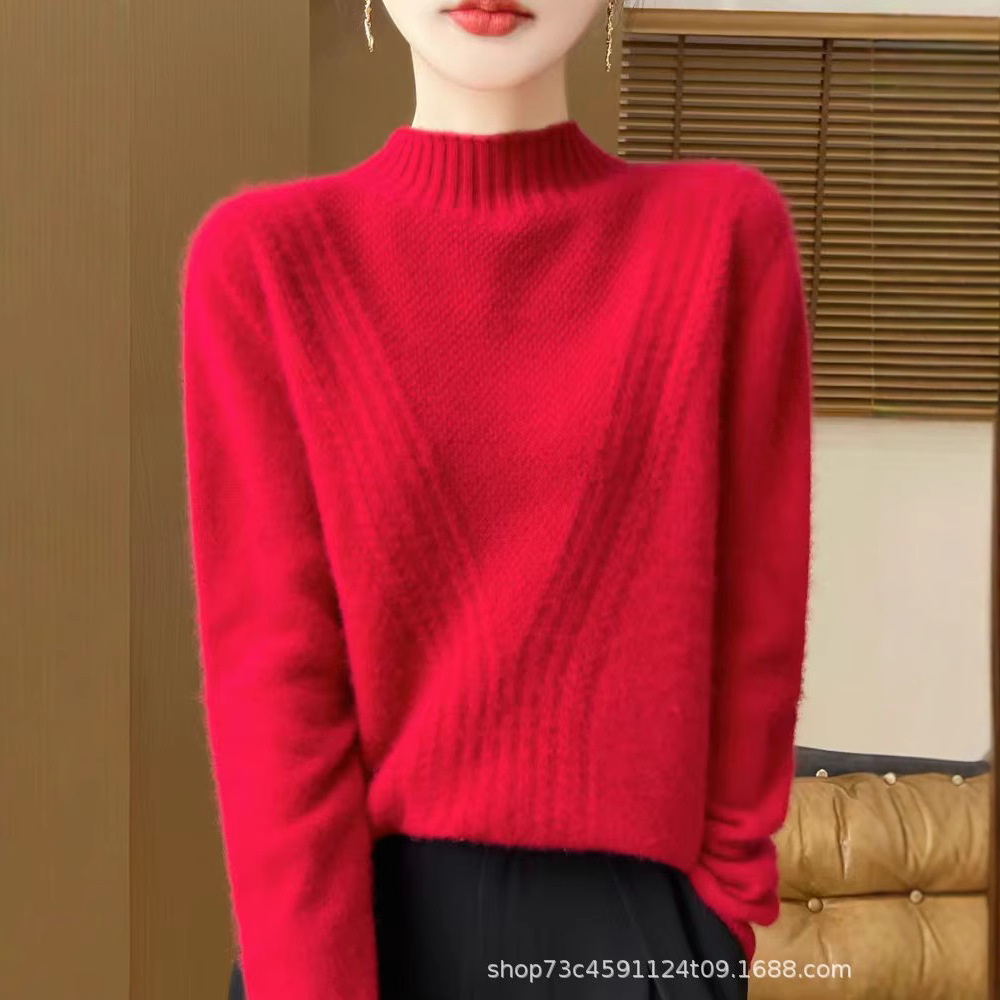 가을과 겨울 2024 새로운 순수 울 7 핀 두껍게 첫 번째 라인 기성복 세미 하이 크루 넥 스웨터 긴소매 여성용 스웨터