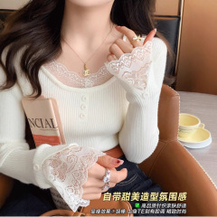 韩系蕾丝针织打底衫女内搭春秋季2025新款圆领毛衣设计感修身上衣