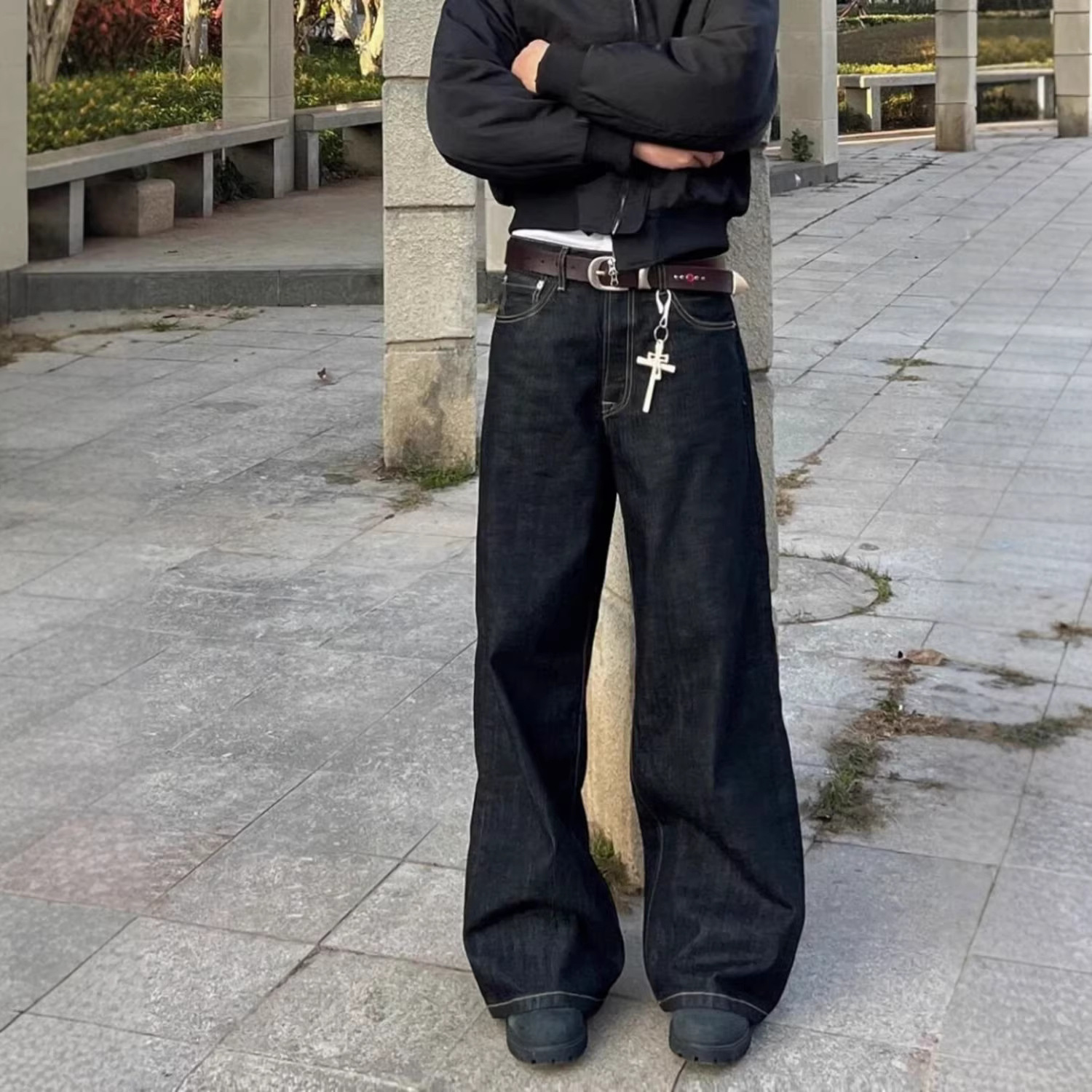 美式复古原牛黑阔腿弯刀牛仔裤男休闲宽松丹宁直筒cleanfit长裤子
