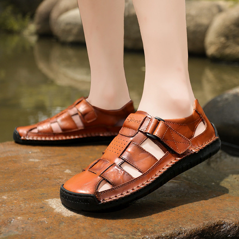 Dép sandal nam da bò khâu chỉ bít mũi, đế cao su chống trượt, thoáng khí đi biển ngoài trời — 373 màu xanh lam, 373 màu đen, 373 đỏ nâu