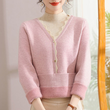 冬中老年女装半高领假两件妈妈装针织毛衣一体绒通勤百搭加厚保暖