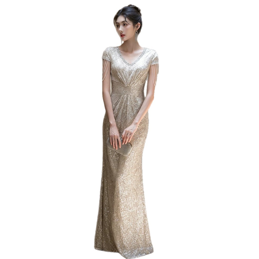 Elegant Silver Sequin Fringe Evening Gown, Mermaid Tail Dress For Formal Banquets, Hosting, Gala Dinners, Pageants_ecoleips.com