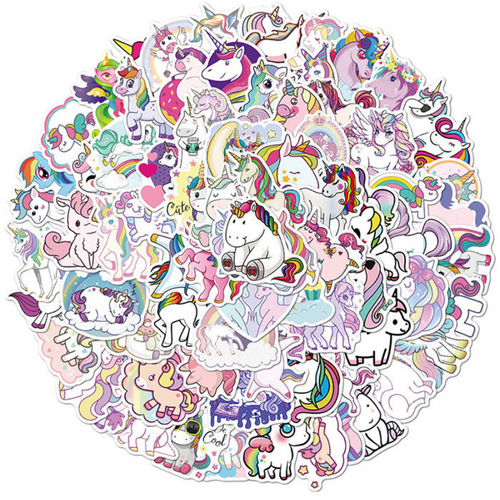 100 Sheets Cartoon Unicorn Pony Graffiti Waterproof Stickers Laptop Decor DIY Removable Decals 