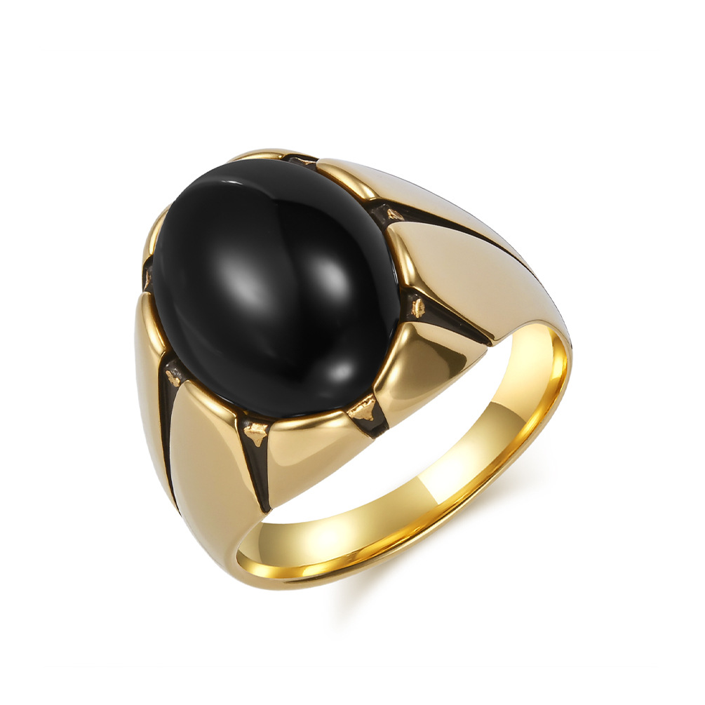 Men's Retro Titanium Steel Ring With Tiger Eye Gemstone Oval Egg Shape Black Stainless Steel Thumb Ring Bracelet_voghion.com