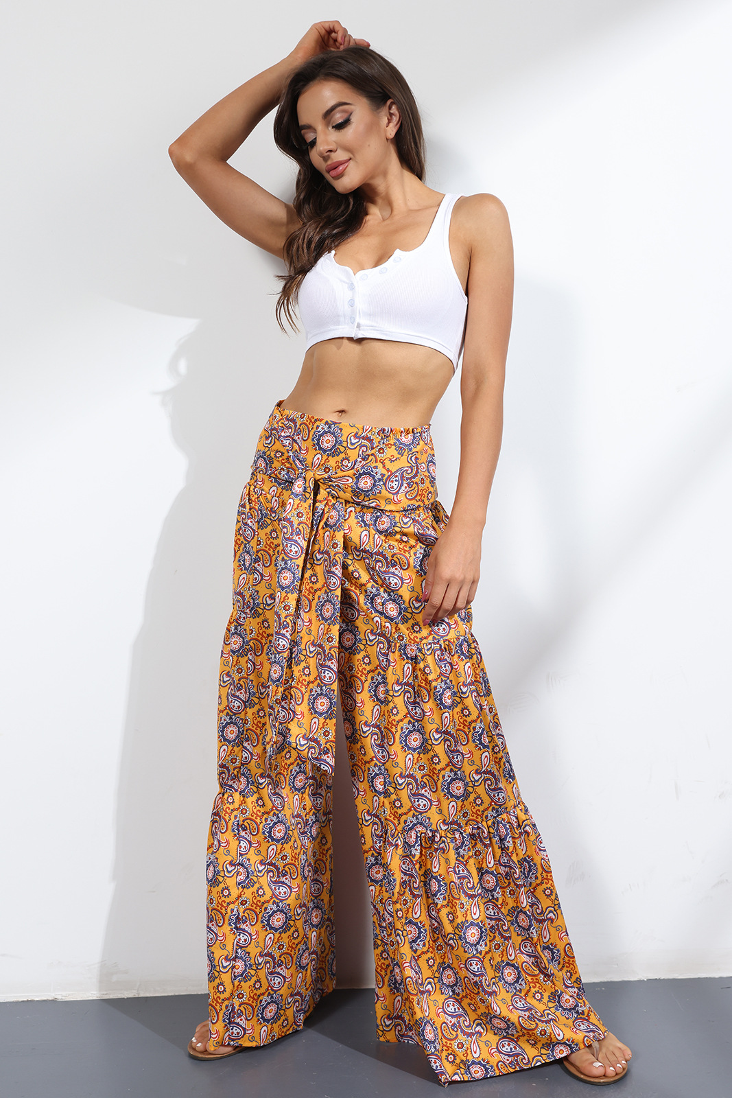 printing loose high waist flared wide-leg pants-Multicolor NSMDF131107