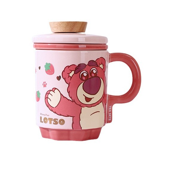 Taza de té de cerámica con tapa de Lotso de Disney, original, para uso doméstico, caja de regalo de alta calidad con diseño de dibujos animados, juego de té de cerámica