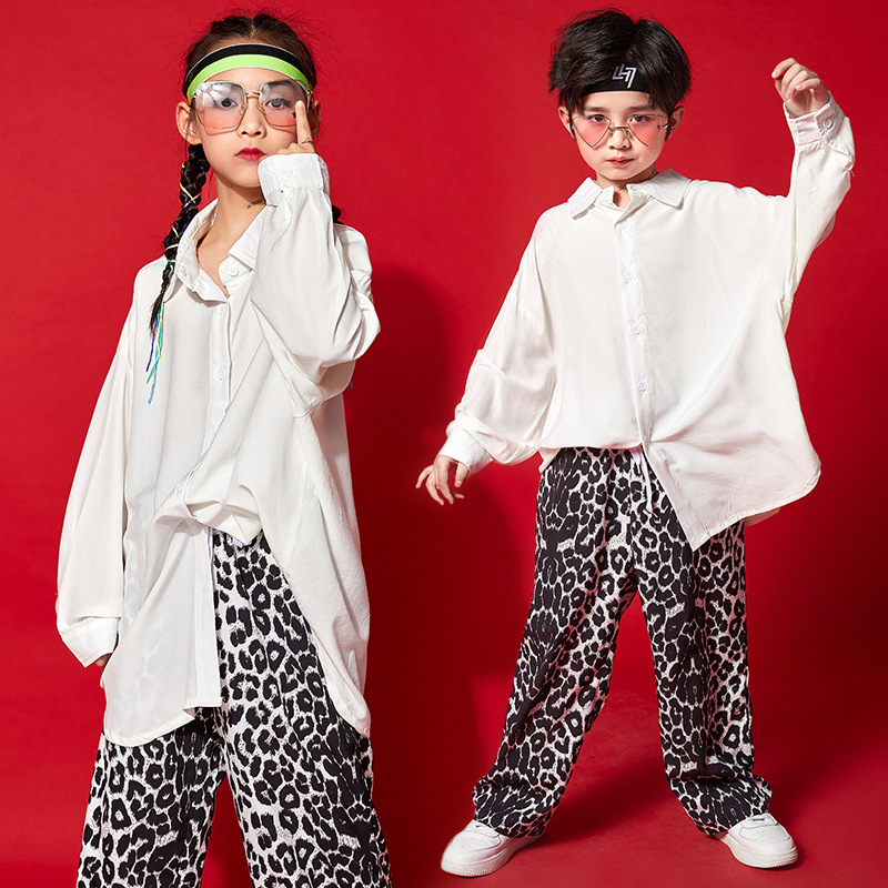 Boys girls hiphop street dance outfits white shirt and leopard pants model show catwalk rapper gogo dancers performance jazz dance costumes