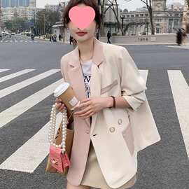 小众设计小西装短外套女春秋新款感粉色拼接炸街休闲西服