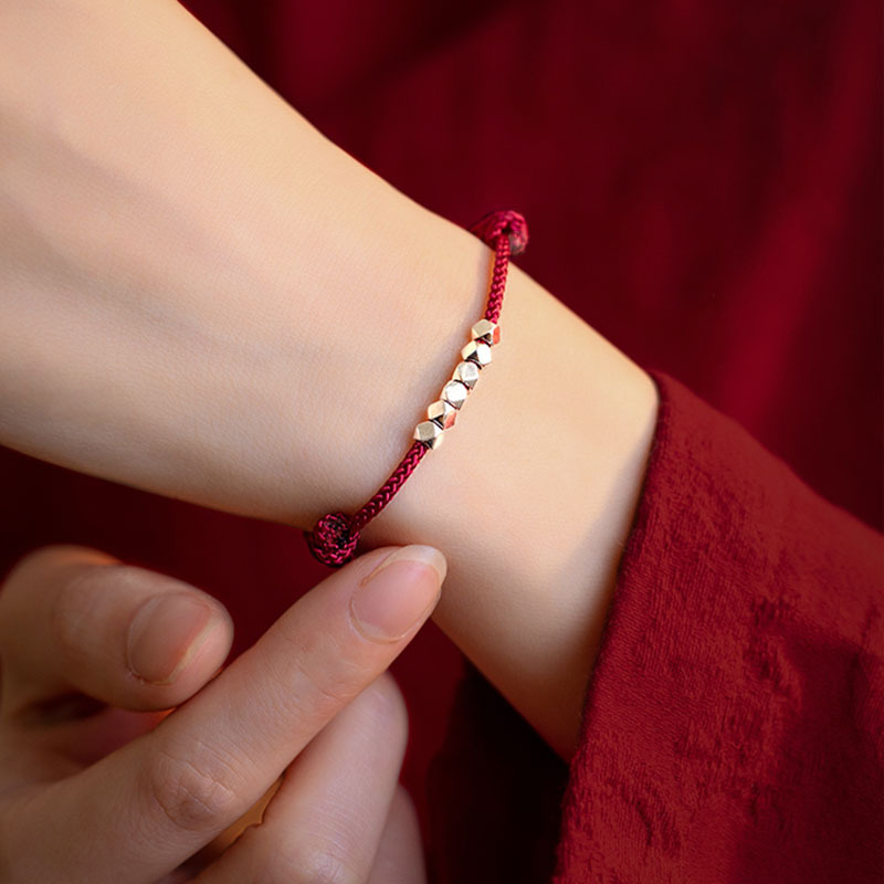 Sunrise Red String With Silver Beads, Chinese Style, For Men Women, Good Luck Bead, Happiness And Peace, Woven Bracelet_voghion.com