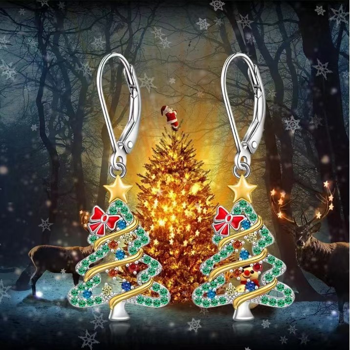 New Christmas Earrings Cross Border Christmas Tree Oil Drop Diamond Pendant Fashion Hollow Ear Buckle Women's New Year Gift