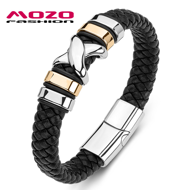 [Factory Direct Batch] Amazon Explosions European and American Men's Titanium Steel Cross X Fork Color Bracelet Personalized Leather Jewelry