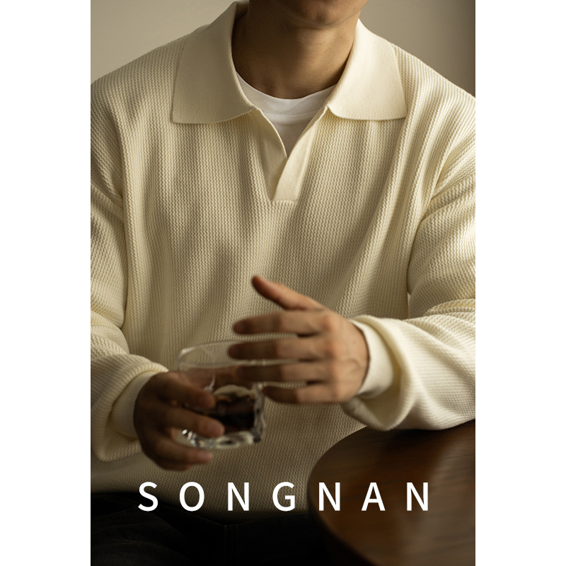 SONGNAN Autumn and Winter V-neck Sweater Pullover Sweater Yarn-dyed Lapel Men's POLO Shirt Long Sleeve Heavy Light Mature Style