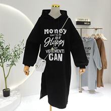 冬季韩国贴布字母宽松大版半高领加绒连衣裙开叉长款过膝卫衣裙