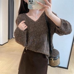 GC924温柔氛围感彩色线球亮片长袖针织衫显瘦V领毛衣女2025秋冬