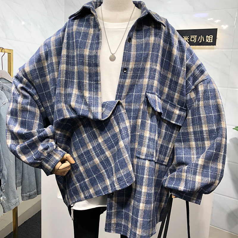 加厚磨毛格子衬衫外套女学生春秋冬宽松慵懒风中长款休闲衬衣上衣