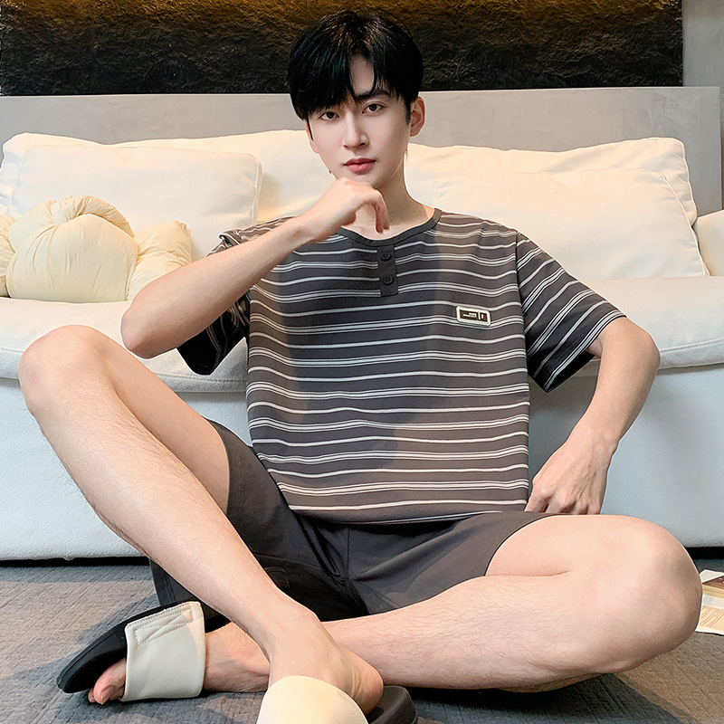 100% 純綿パジャマ男性半袖夏の薄いタイプの青少年カジュアルでゆったりした綿100% の家庭服セット