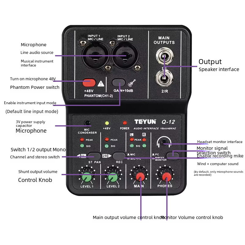 2024 TEYUN Q-12 컴퓨터 녹음 사운드 카드 편집 아티팩트 USB 드라이브 무료 16BIT/24KHZ