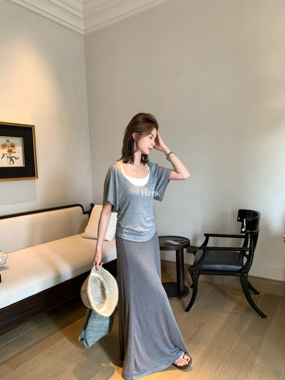 Áo thun tay ngắn cổ chữ U rộng kèm áo dây trong hai mảnh cho nữ dáng nhỏ — màu hồng, Trắng đen, màu xám chi tiết 24