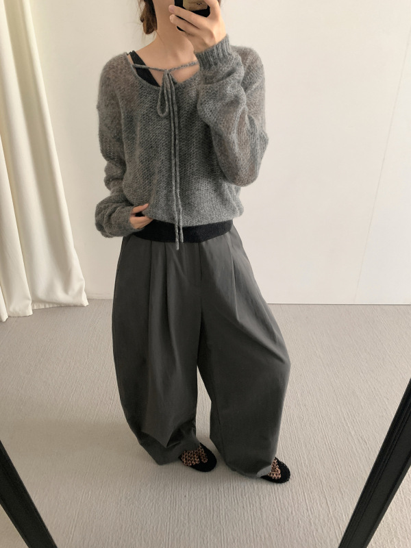 TG 韩系甜美镂空薄透针织衫女2025秋季新款领口系带显瘦毛衣25741|undefined