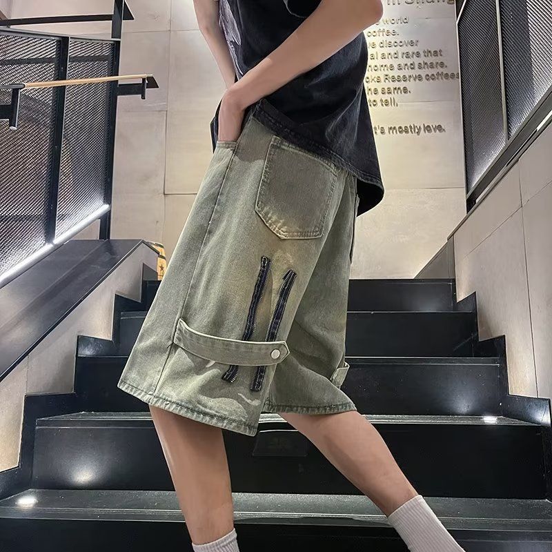 Pantalones cortos de mezclilla teñidos de barro amarillo retro americano para hombres pantalones de herramientas de moda de estilo fino de verano