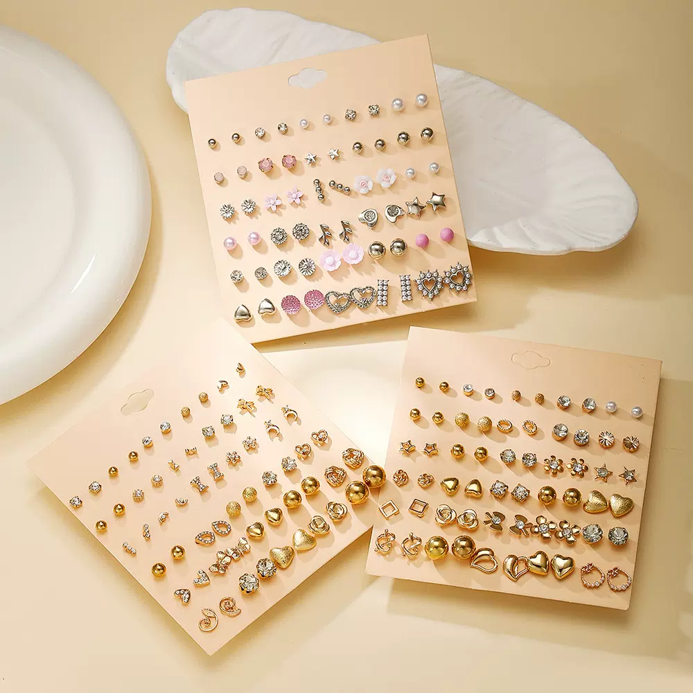 欧美跨境韩版韩式迷你简约耳钉套装30对装女花朵珍珠爱心耳饰批发