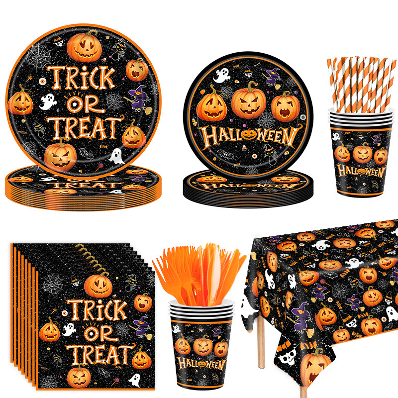 Black Background Pumpkin Halloween Disposable Tableware Set Paper Plates Paper Cups Paper Towels Tablecloth Knife and Fork Party Supplies Black Background Pumpkin Halloween Disposable Tableware Set Paper Plates Paper Cups Paper Towels Tablecloth Knife and Fork Party Supplies